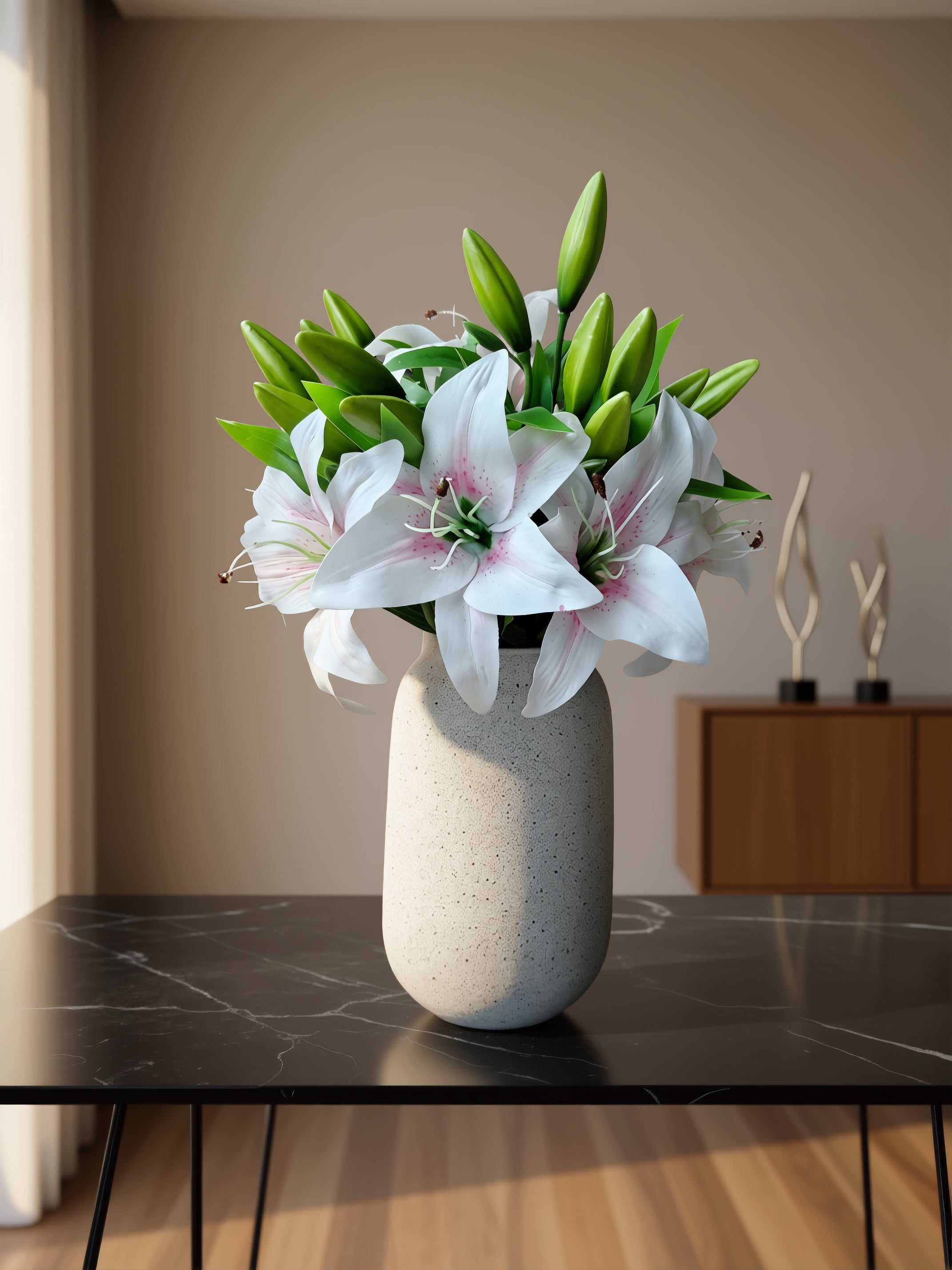 Buket med 10 stk. kunstige liljer i beige