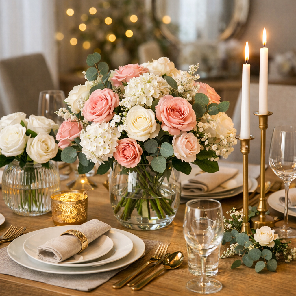 Borddækning med kunstige blomster