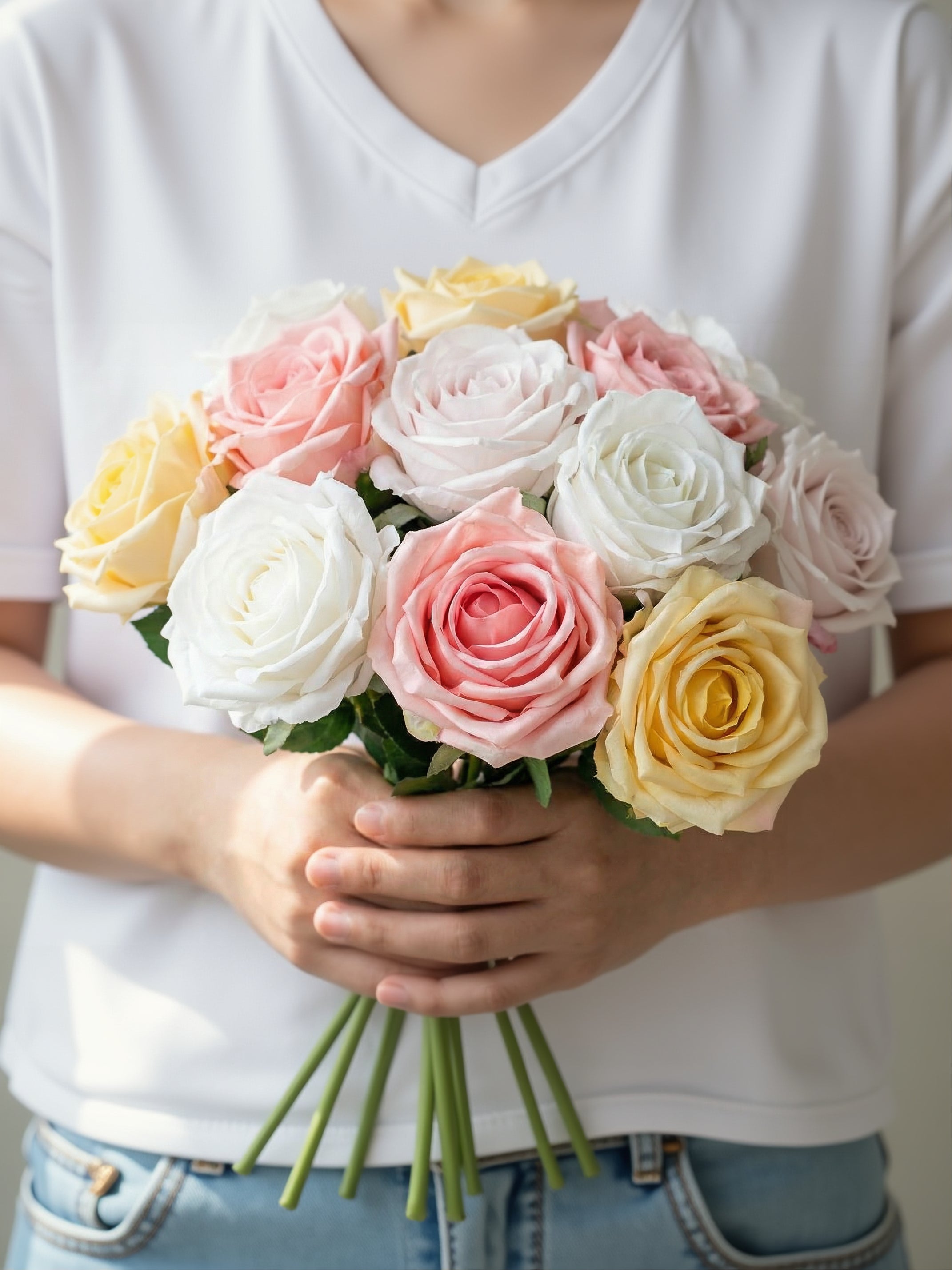 Buket med kunstige roser i lyserød, hvid, gul og lys rosa