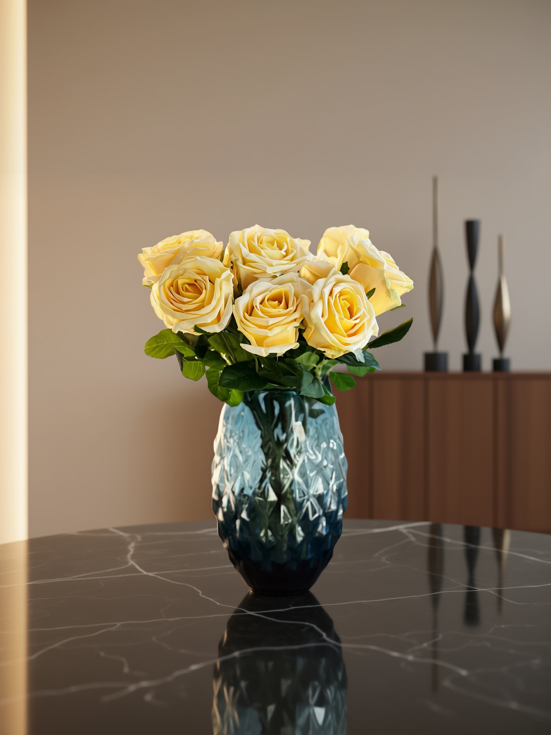 Buket med 10 stk kunstige gule roser