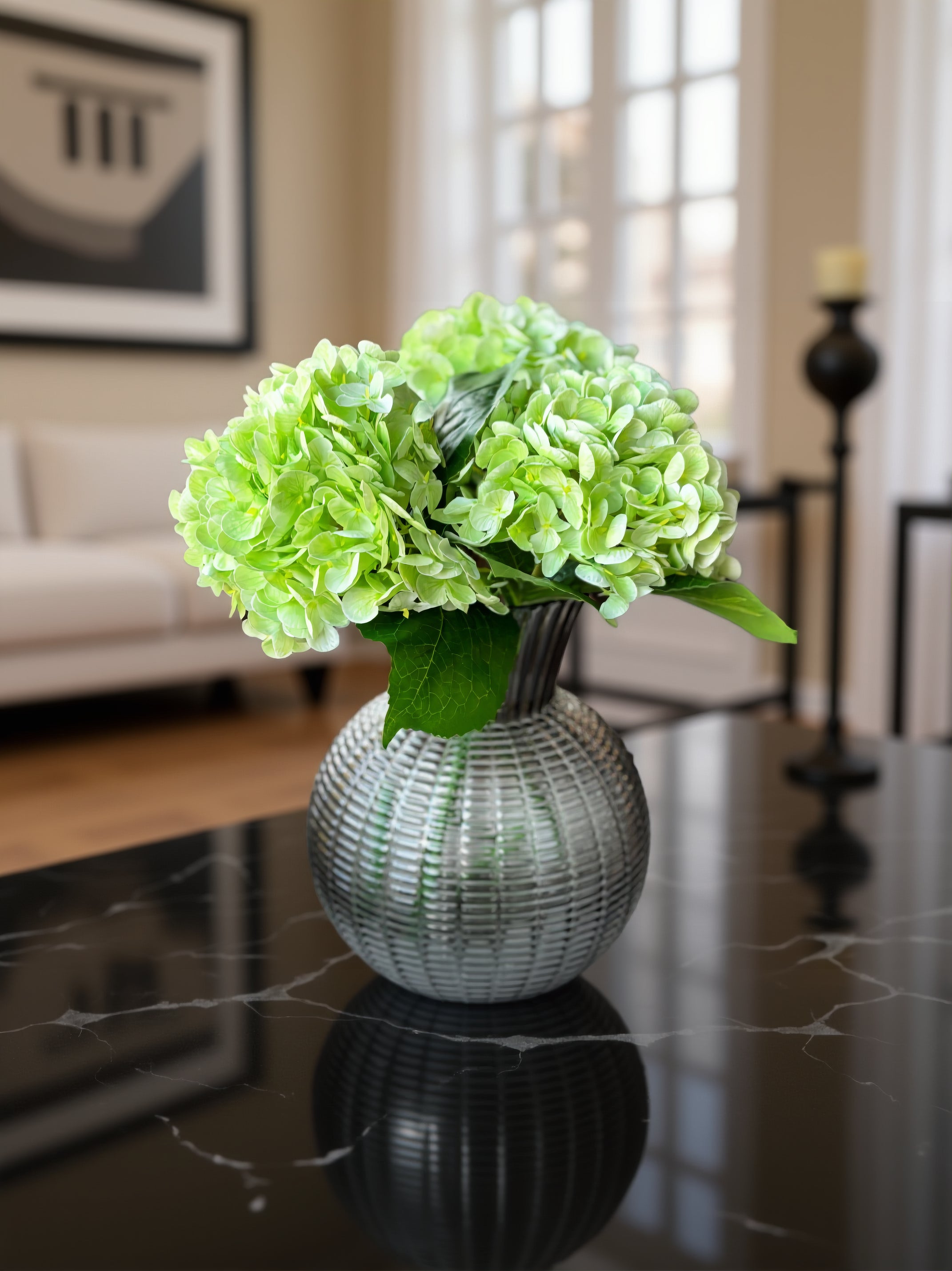 Kunstig buket hortensia i cremet grøn - lille